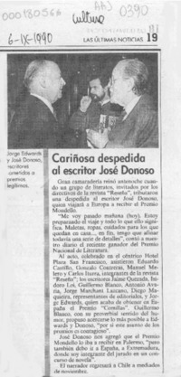 Cariñosa despedida al escritor José Donoso  [artículo]