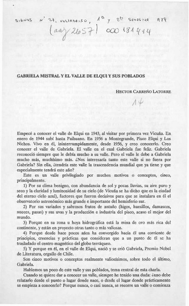 Gabriela Mistral y el Valle de Elqui y sus poblados  [artículo] Héctor Carreño Latorre.