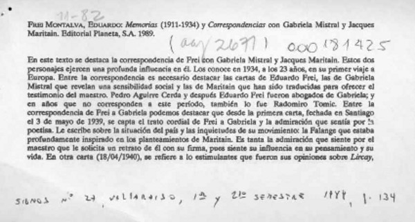 "Memorias" y "Correspondencias con Gabriela Mistral y Jacques Maritain"  [artículo] Erika Cortés Basáez.