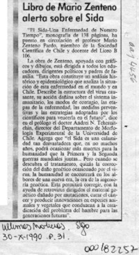 Libro de Mario Zenteno alerta sobre el Sida  [artículo].