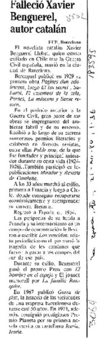 Falleció Xavier Benguerel, autor catalán  [artículo].