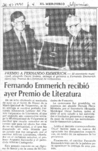 Fernando Emmerich recibió ayer Premio de Literatura Fernando Emmerich recibió ayer Premio de Literatura