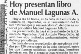 Hoy presentan libro de Manuel Lagunas A.  [artículo].