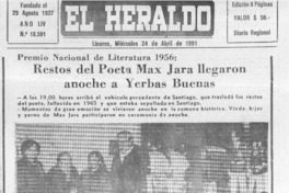 Restos del poeta Max Jara ya están en Yerbas Buenas  [artículo].