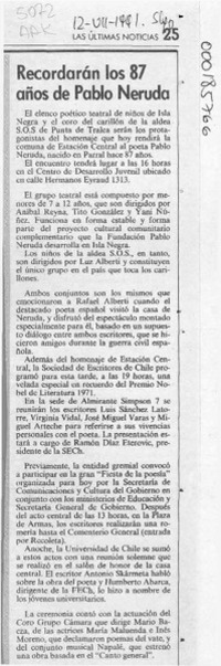 Recordarán los 87 años de Pablo Neruda  [artículo].
