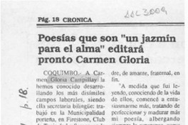 Poesías que son "un jazmín para el alma" editará pronto Carmen Gloria  [artículo].