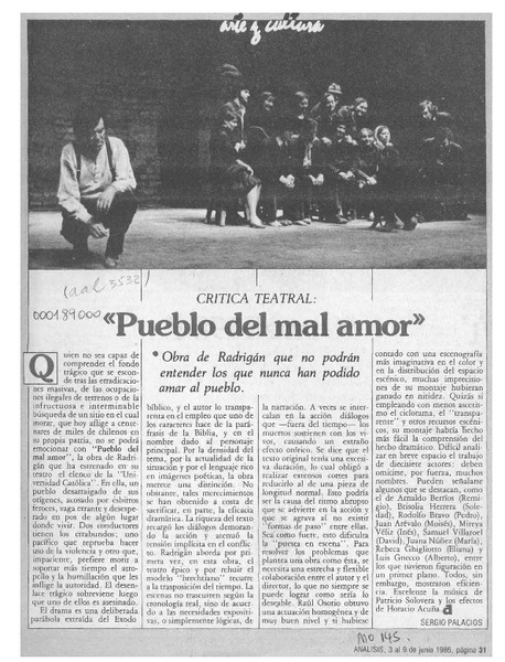 "Pueblo del mal amor"  [artículo] Sergio Palacios.