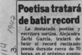 Poetisa tratará de batir record  [artículo].