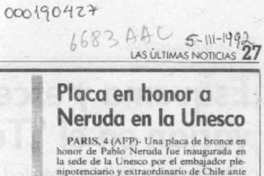 Placa en honor a Neruda en la Unesco