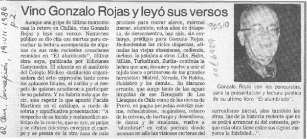 Vino Gonzalo Rojas y leyó sus versos  [artículo].