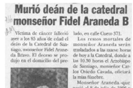 Murió deán de la catedral monseñor Fidel Araneda B.  [artículo].