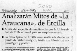 Analizarán mitos de "La Araucana", de Ercilla Analizarán mitos de "La Araucana", de Ercilla