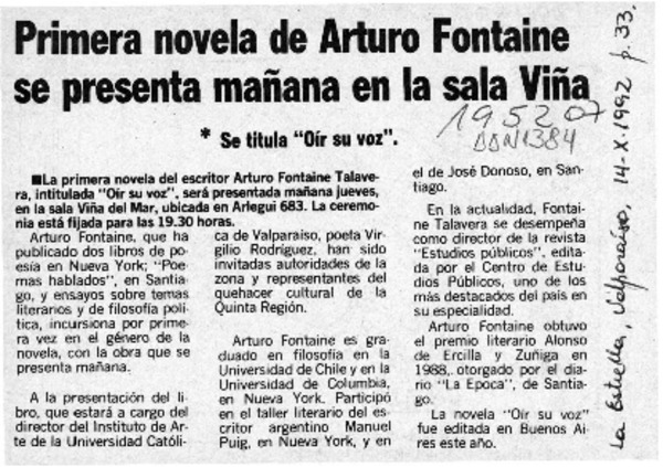 Primera novela de Arturo Fontaine se presenta mañana en la sala Viña  [artículo].