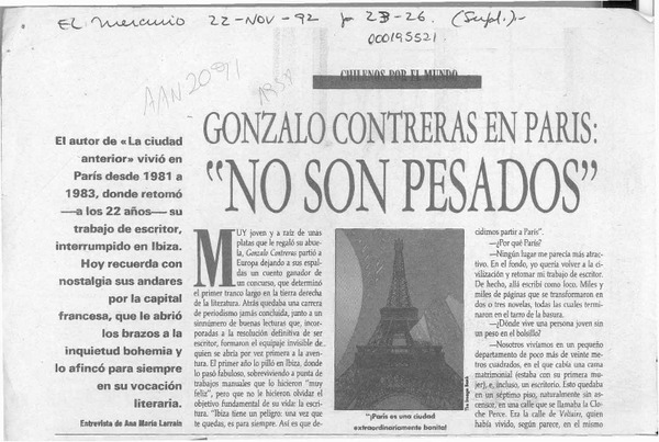 Gonzalo Contreras en París, "No son pesados"  [artículo] Ana María Larraín.