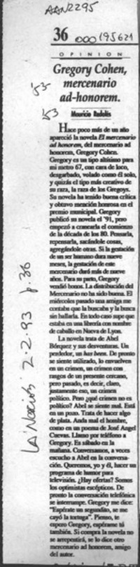 Gregory Cohen, mercenario ad-honorem  [artículo] Mauricio Redolés.