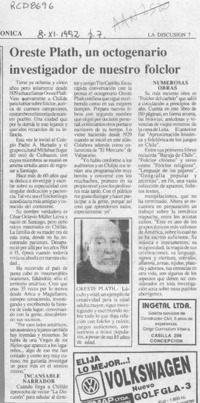 Oreste Plath, un octogenario investigador de nuestro folclor  [artículo].