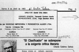 "El clasificador" se sobrepone a la exigente crítica literaria  [artículo] Orlando Gutiérrez Salinas.