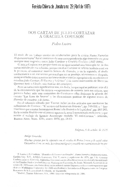 Dos cartas de Julio Cortázar a Graciela Coulson [artículo] Pedro Lastra. -  Biblioteca Nacional Digital de Chile