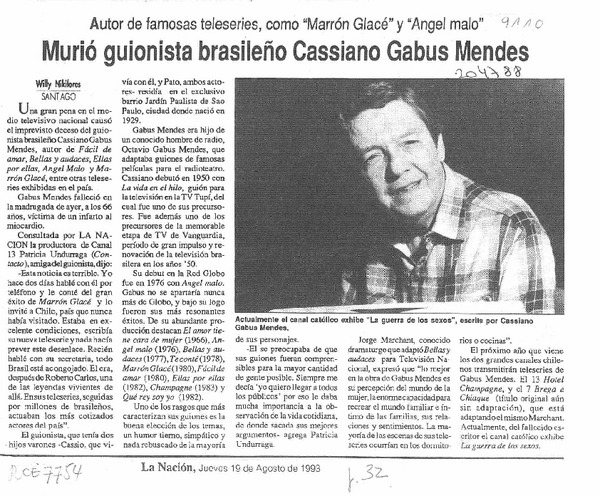 Murió guionista brasileño Cassiano Gabus Mendes  [artículo] Willy Nikiforos.