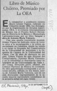 Libro de músico chileno, premiado por la OEA  [artículo].