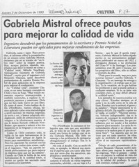 Gabriela Mistral ofrece pautas para mejorar la calidad de vida  [artículo].