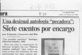Una desigual antología "pecadora", siete cuentos por encargo  [artículo] Eduardo Guerrero del Río.