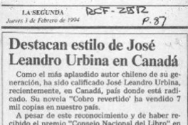 Destacan estilo de José Leandro Urbina en Canadá  [artículo].