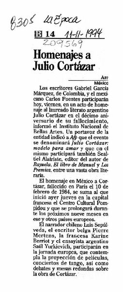 Homenajes a Julio Cortázar  [artículo].