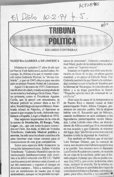 Nustra Gabriela de América  [artículo] Eduardo Contreras.