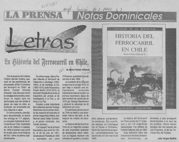 La historia del ferrocarril en Chile  [artículo] José Vargas Badilla.