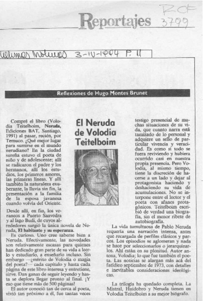 El Neruda de Volodia Teitelboim  [artículo] Hugo Montes Brunet.