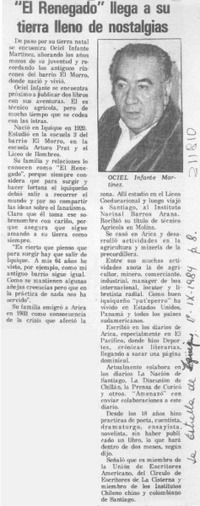 "El Renegado" llega a su tierra lleno de nostalgias "El Renegado" llega a su tierra lleno de nostalgias