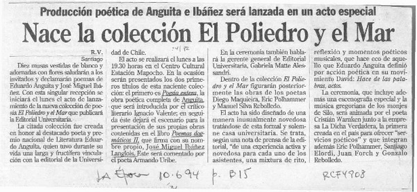 Nace la colección El Poliedro y el Mar  [artículo] R. V.