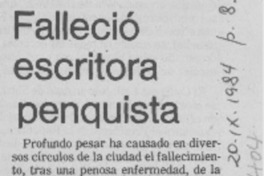 Falleció escritora penquista Falleció escritora penquista