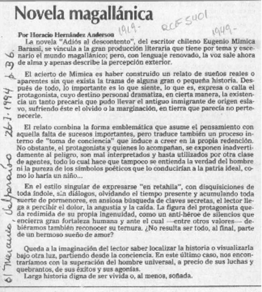 Novela magallánica  [artículo] Horacio Hernández Anderson.
