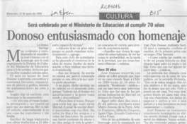 Donoso entusiasmado con homenaje  [artículo].