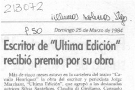 Escritor de "Ultima Edición" recibió premio por su obra Escritor de "Ultima Edición" recibió premio por su obra