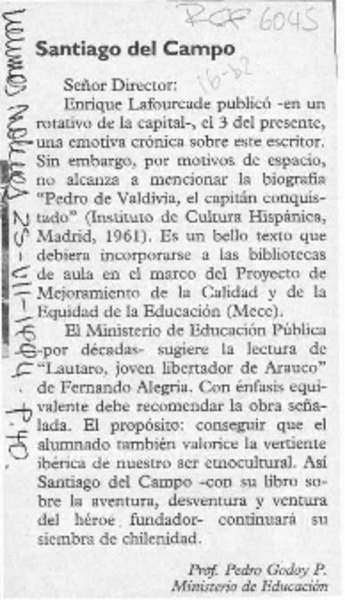 Santiago del Campo  [artículo] Pedro Godoy P.