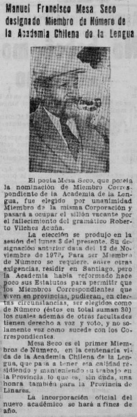 Manuel Francisco Mesa Seco designado miembro de número de la Academia Chilena de la Lengua