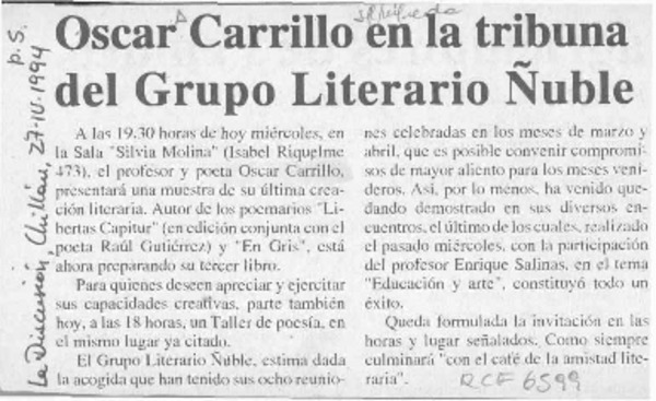 Oscar Carrillo en la tribuna del Grupo Literario Ñuble  [artículo].