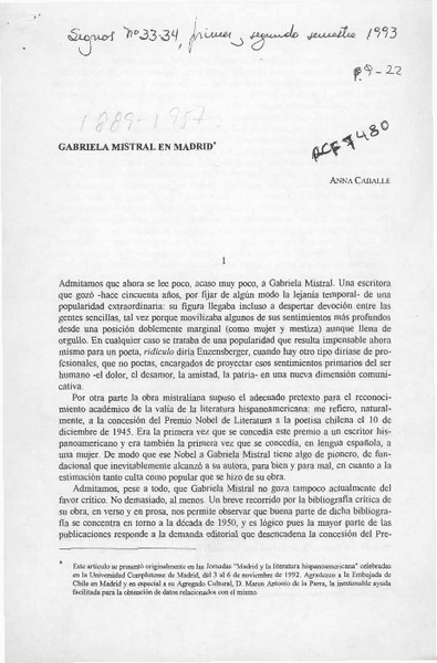 Gabriela Mistral en Madrid  [artículo] Anna Caballé.