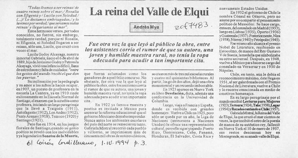 La reina del valle del Elqui  [artículo] Andrés Mya.