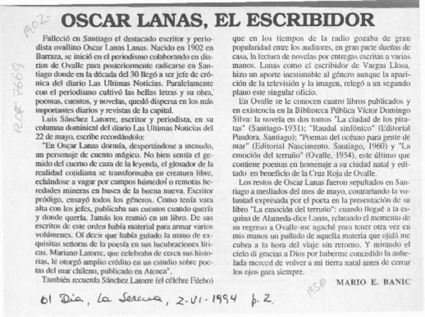 Oscar Lanas, el escribidor  [artículo] Mario E. Banic.