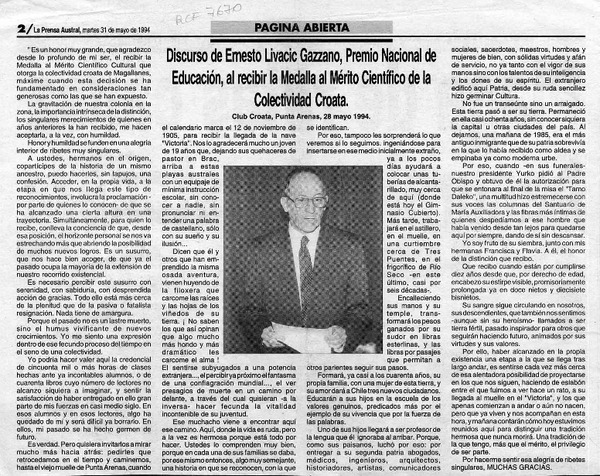 Discurso de Ernesto Livacic Gazzano, Premio Nacional de Educación, al recibir la medalla al Mérito Científico de la Colectividad Croata  [artículo].