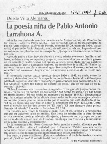 La poesía niña de Pablo Antonio Larrahona A.  [artículo] Pedro Mardones Barrientos.