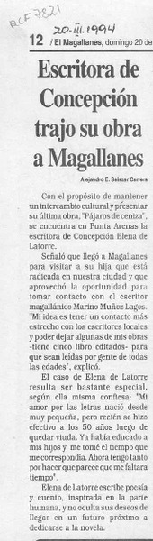Escritora de Concepción trajo su obra a Magallanes  [artículo] Alejandro E. Salazar Carrera.