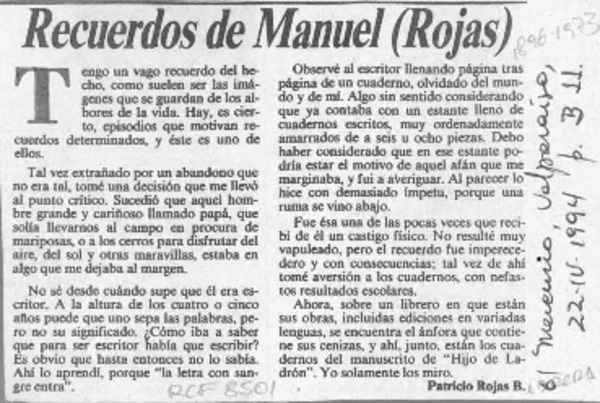 Recuerdos de Manuel (Rojas)  [artículo] Patricio Rojas B.