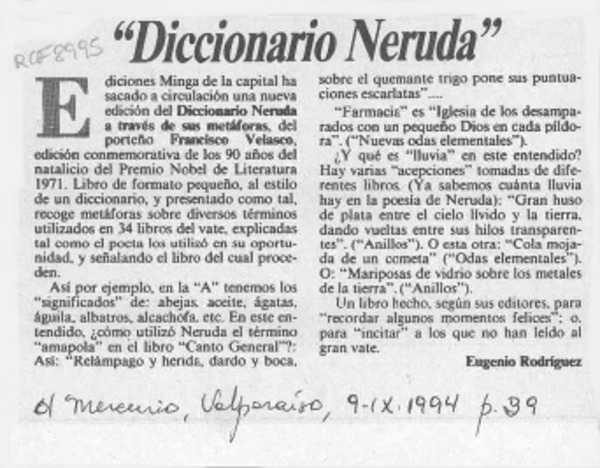 "Diccionario Neruda"  [artículo] Eugenio Rodríguez.