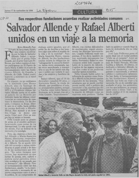 Salvador Allende y Rafael Alberti unidos en un viaje a la memoria  [artículo] Rosa Mora.