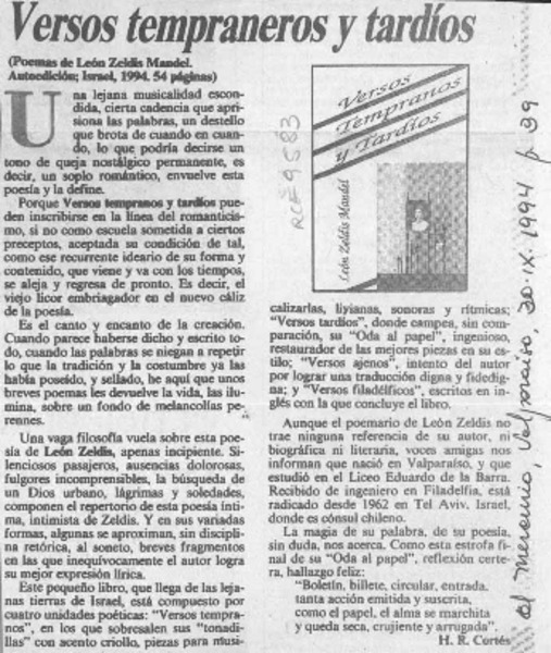 Versos tempraneros y tardíos  [artículo] H. R. Cortés.